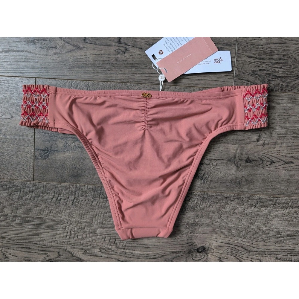 NWT Pilyq L Swim Ruched Back Cheeky Embroidered Dusty Pink Bikini Bottoms